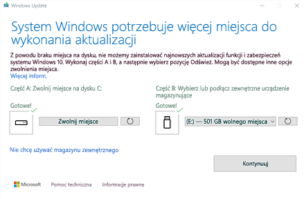 brak miejsca na aktualizacje
