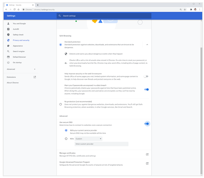 Bezpieczny DNS chrome 83