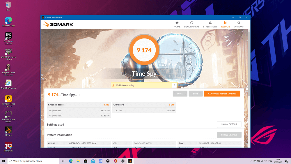 benchmarki asus rog strix test3dmark Średni