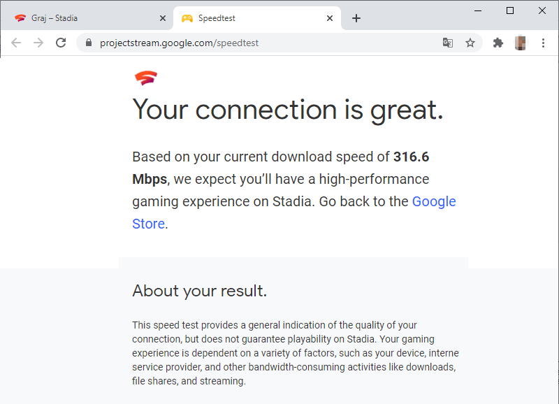 Google Stadia Internet test