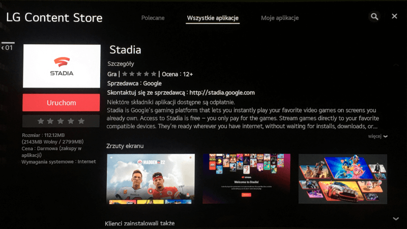 Granie w chmurze Google Stadia na telewizorach LG z systemem webOS