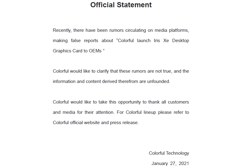 Colorful oświadczenie na temat Intel Xe GPU