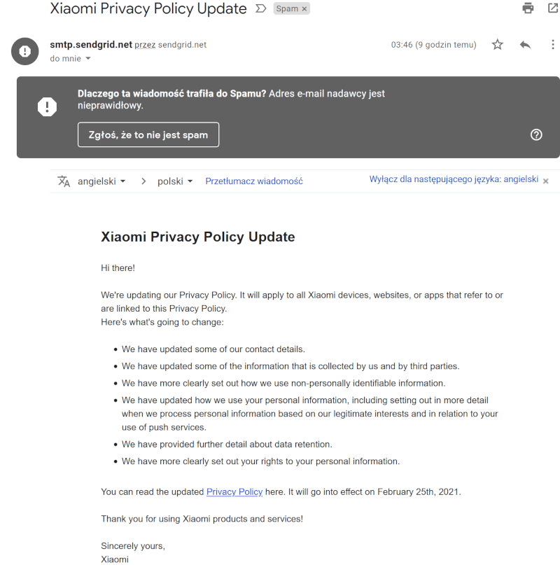 Mail o zmianie regulaminu Xiaomi
