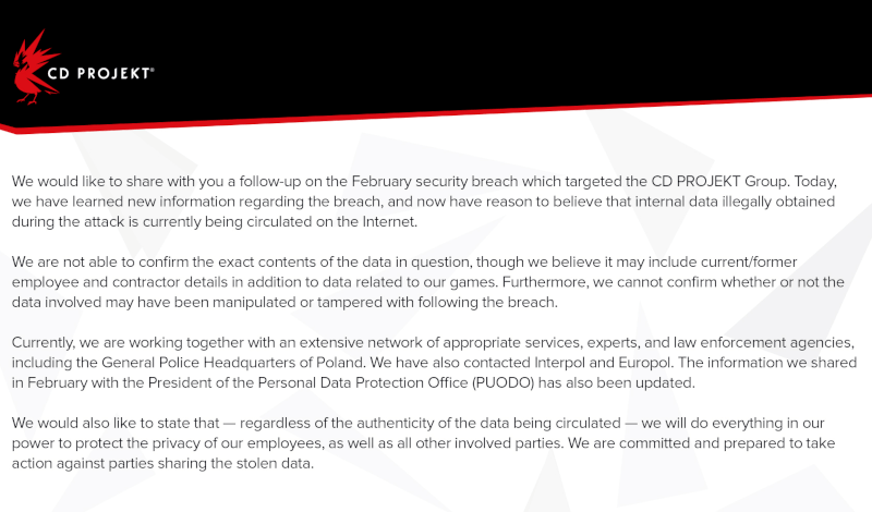 CD Projekt nowe informacje na temat wykradzionych danych