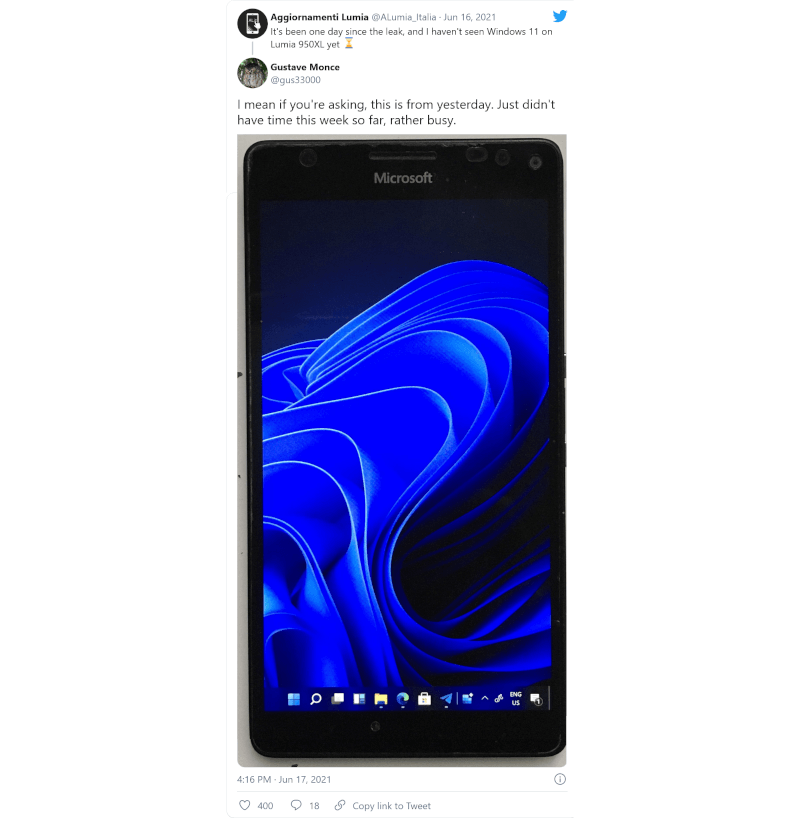 Microsoft Windows 11 na Lumii 950 XL