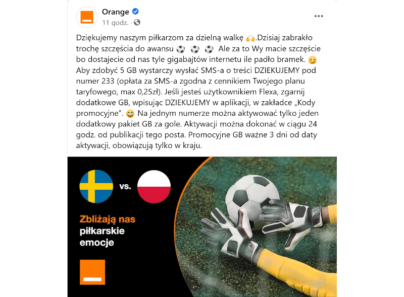Orange bezpłatny pakiet internetowy po meczu Polska - Szwecja