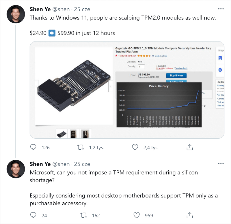 Droższe moduły TPM przez wymagania Windowsa 11