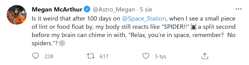 Tweet Megan McArthur na temat arachnofobii na ISS