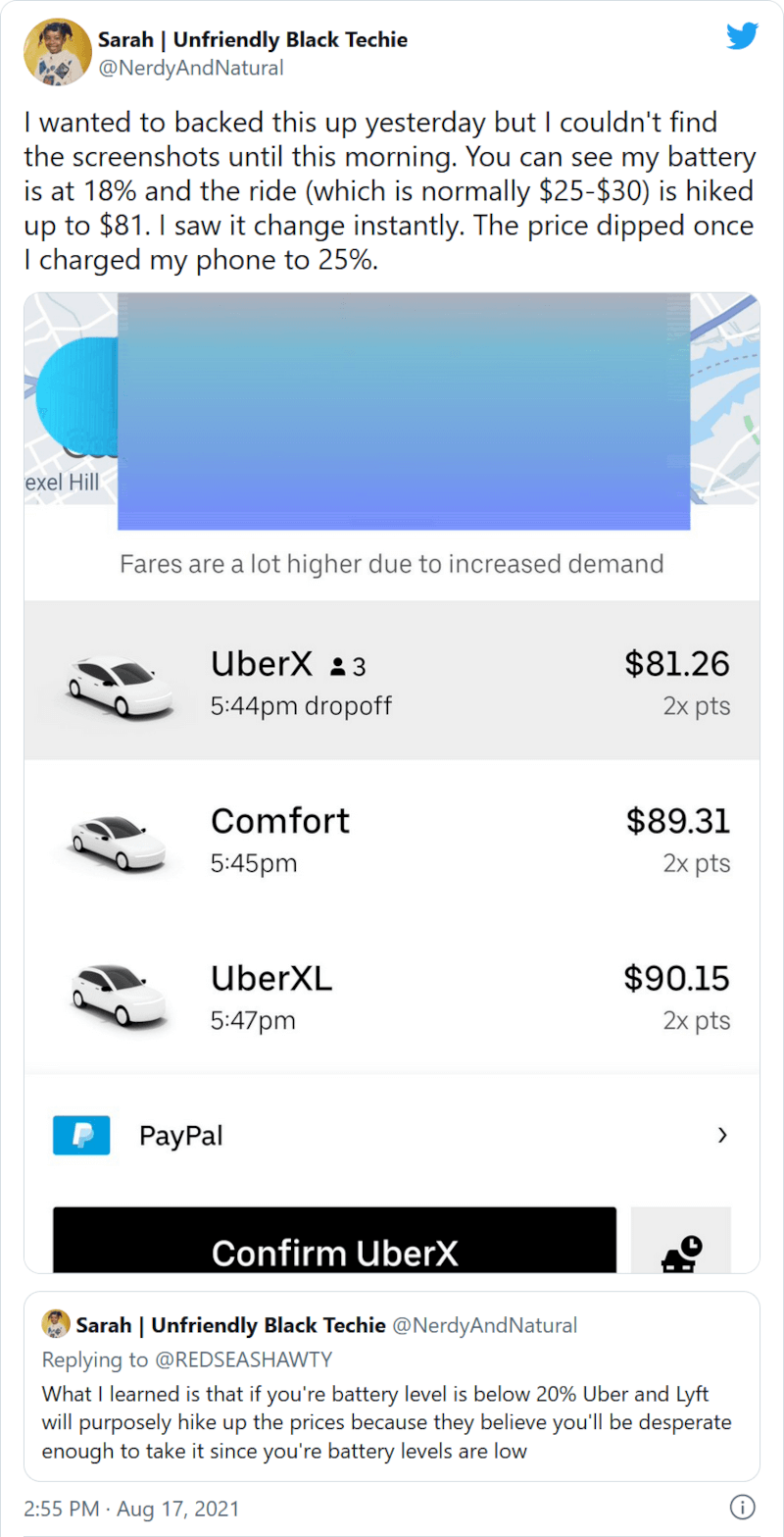 Sarah zauważyła dziwne stawki Ubera przy niskim poziomie baterii