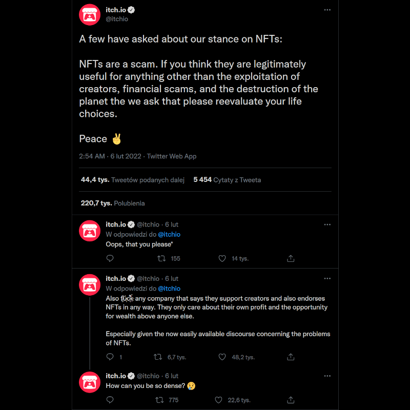 NFT to scam i niszczenie planety. Tak twierdzi ekipa platformy gier indie itch.io