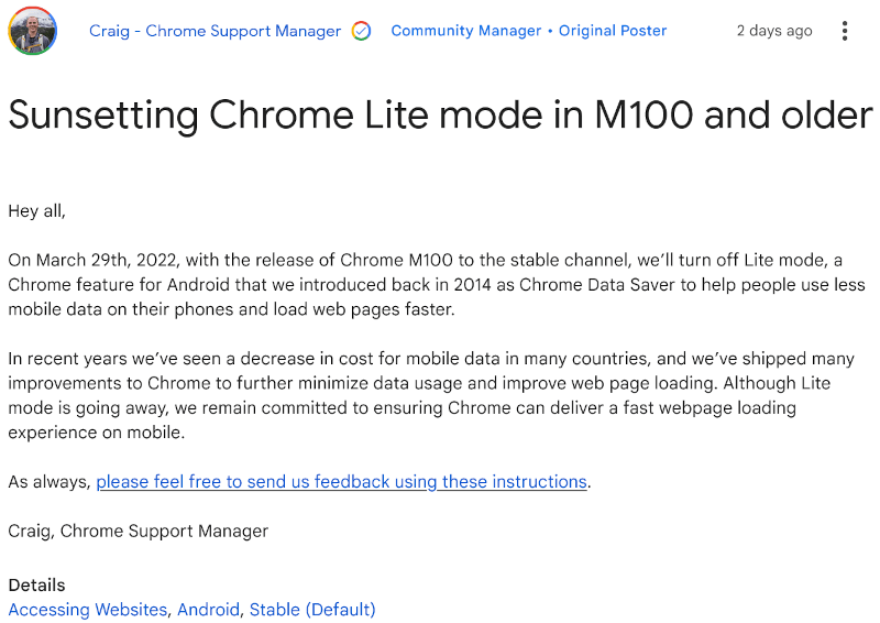 Chrome wkrótce straci na Androidzie Wersję uproszczoną pozwalającą oszczędzać transfer