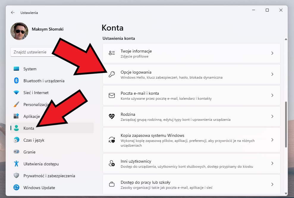 konta opcje logowania windows 11