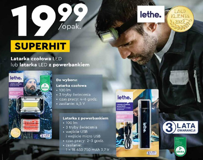 Czołówka LED i latarka z powerbankiem z Biedronki