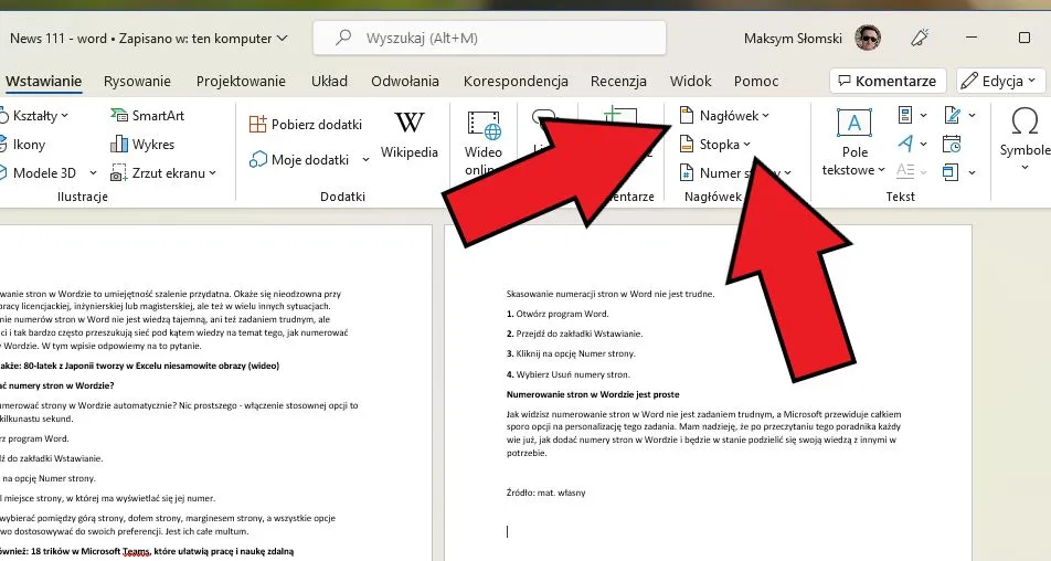numery stron word edycja