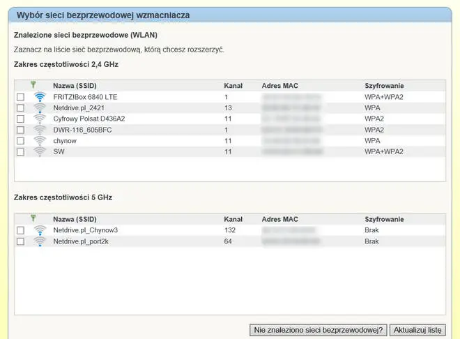 Wybór sieci bezprzewodowej wzmacniacza