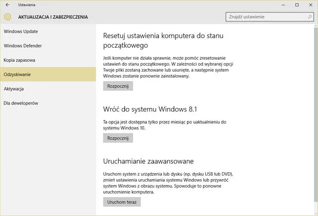 Powrót do poprzedniego systemu po aktualizacji do Windows 10