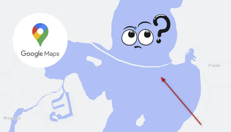 Błąd na Mapach Google. Mazurskie jezioro przecięte mierzeją