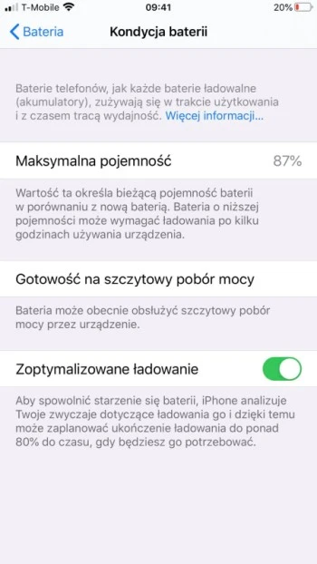 kondycja baterii w ios