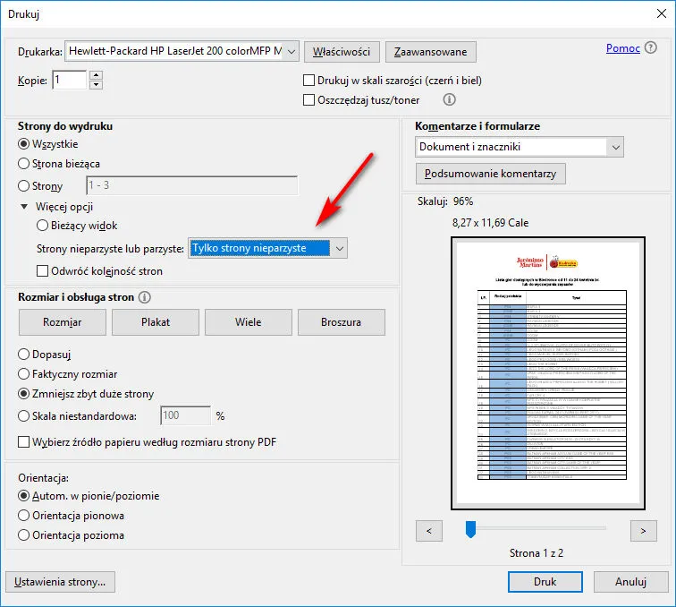 strony nieparzyste drukowanie