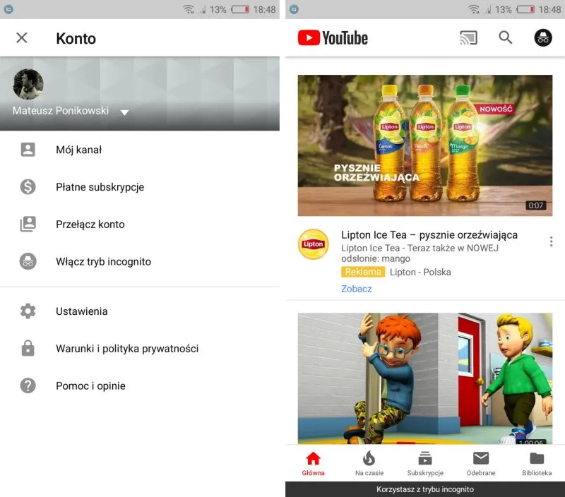 tryb incognito na YouTube