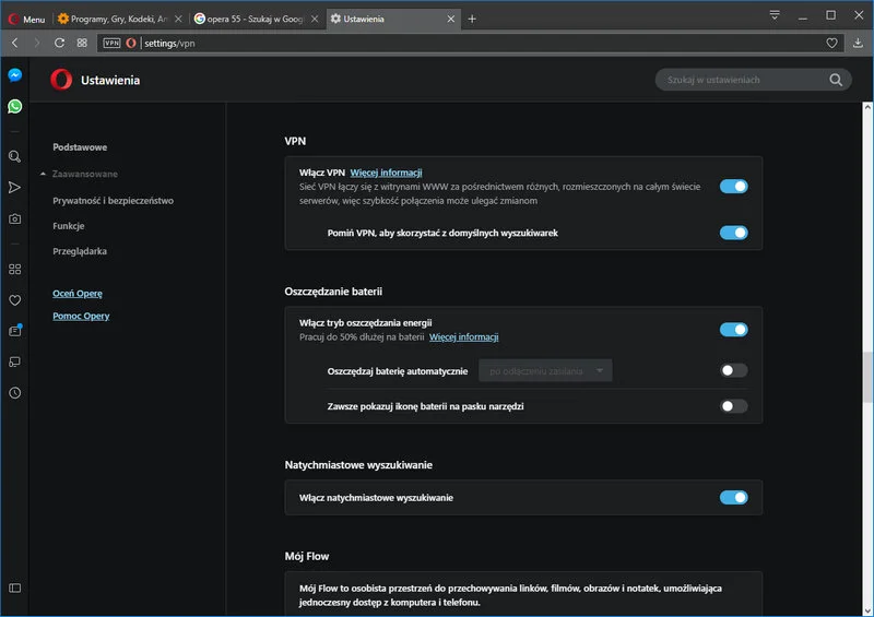 Opera 55 ciemny motyw