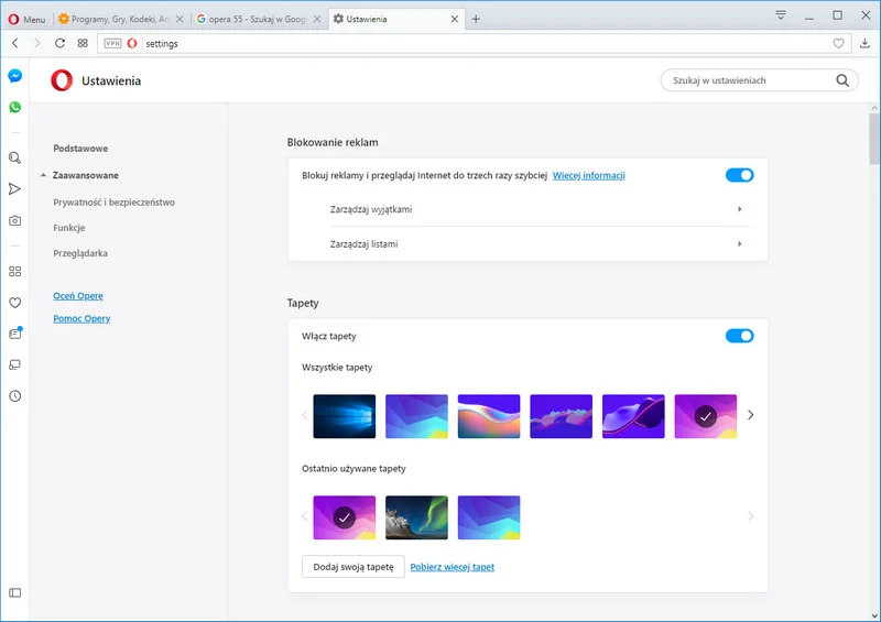 Opera 55 Ustawienia