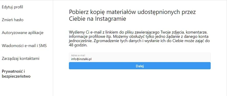 kopia danych instagram