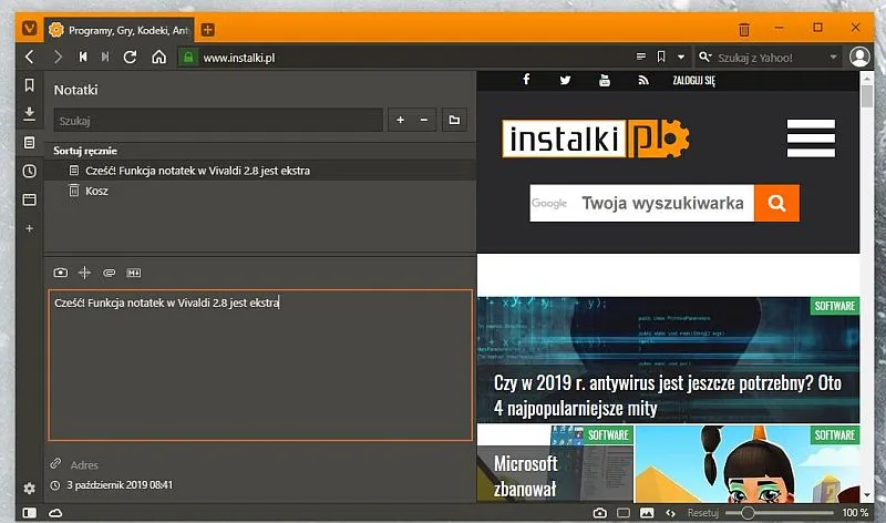 vivaldi 2.8 notatki