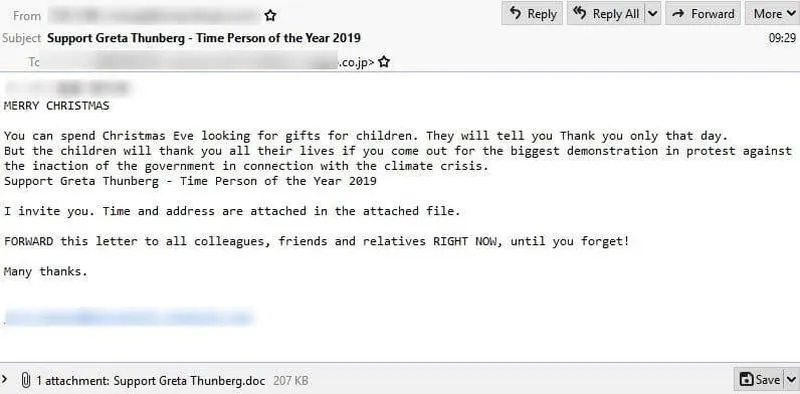 szkodliwy mail greta thunberg scam oszustwo