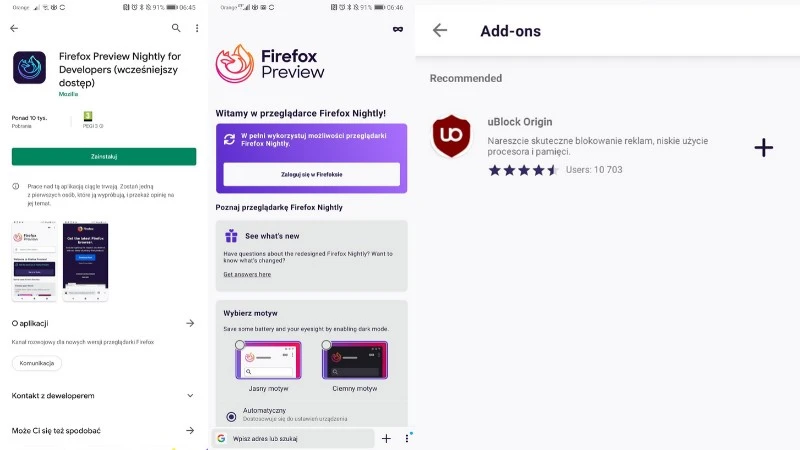 Firefox preview blokowanie reklam na smartfonie