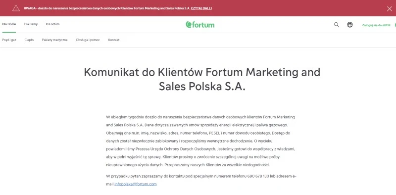 fortum wyciek komunikat