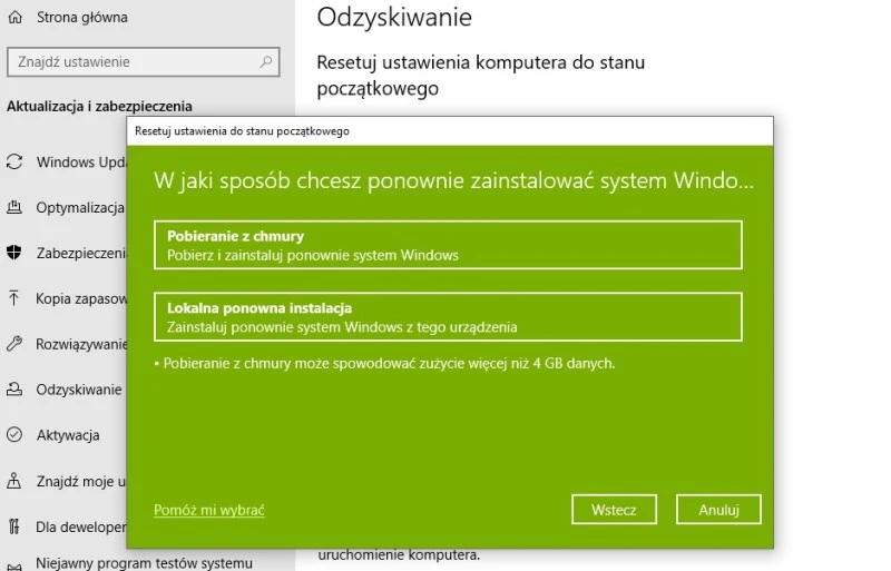 Windows 10 2004 3 resetowanie z chmury
