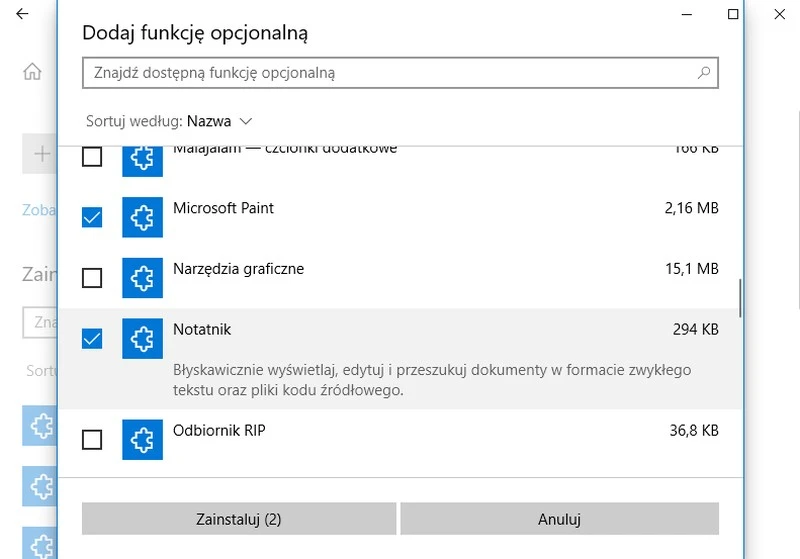 funkcje opcjonalne windows 10