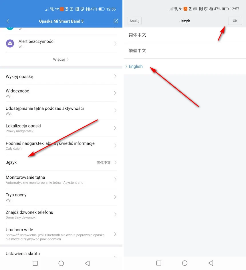 zmiana języka na angielski w Mi Band 5