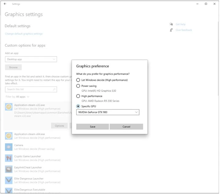 windows 10 wybor gpu