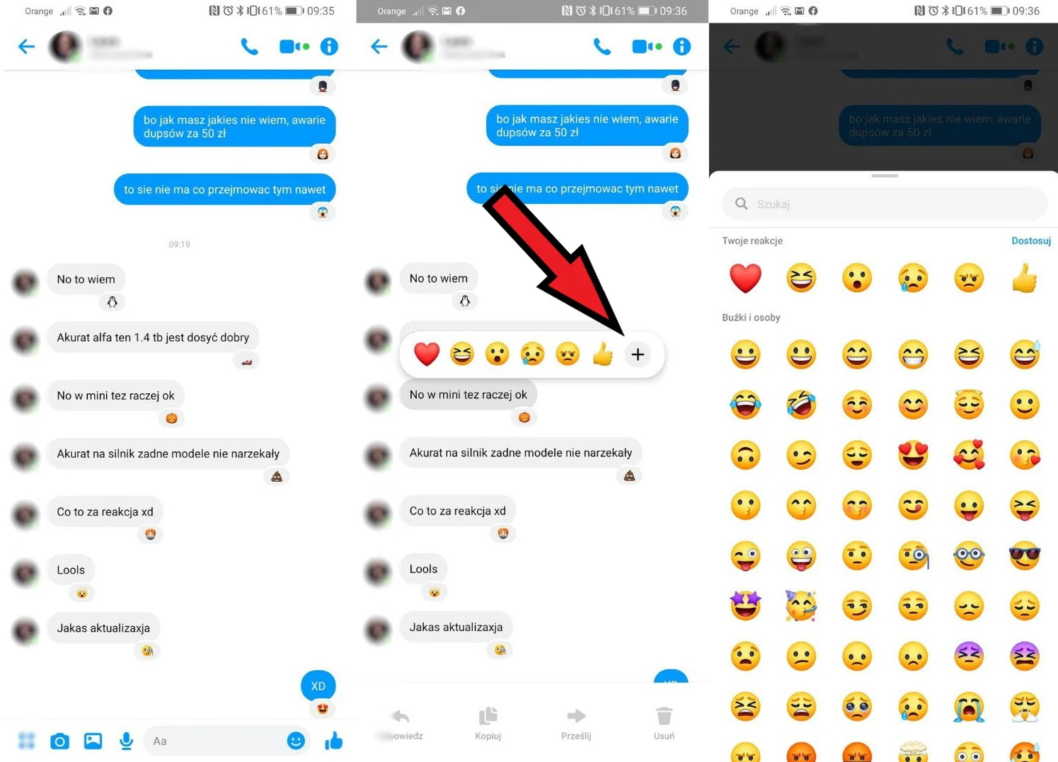 messenger reakcje