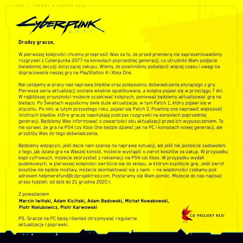 cd projekt komunikat