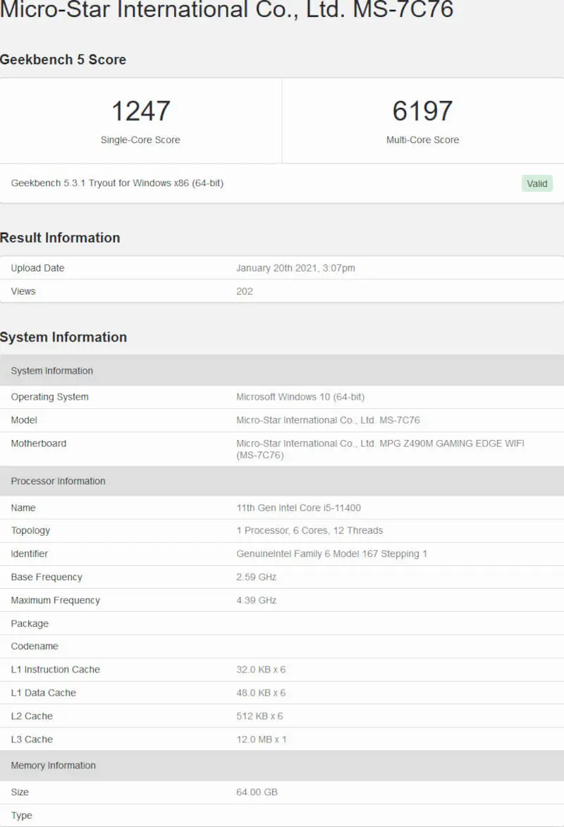 Intel Core i5-11400 Geekbench