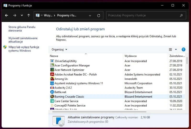 Dodaj usun programy windows 11