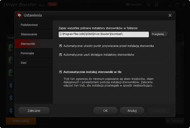 Driver Booster - Ustawienia programu