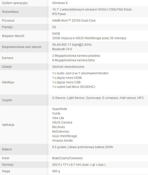 Specyfikacja ASUS VivoTab Smart