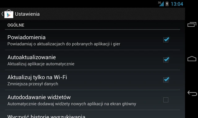 Ustawienia aplikacji Android