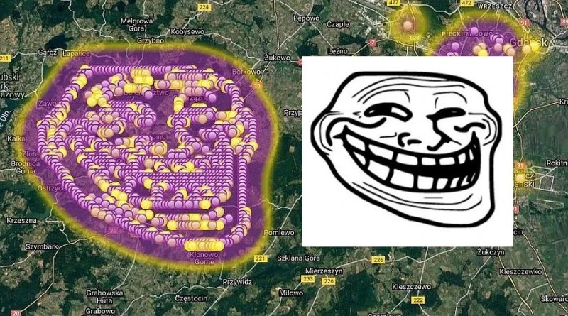 Gdańska mapa smrodu strollowana. Zagościł na niej trollface