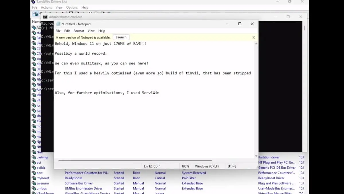 Windows 11 uruchomiony na komputerze z 176 MB pamięci RAM