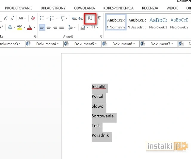 word sortowanie 1